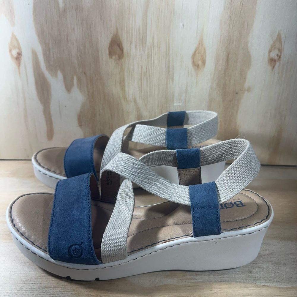 Born Kasady Blue Suede and Cream Elastic Strap Wedge Sandals Women’s Size 10